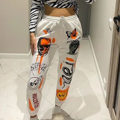 Women's High-Waist Sweatpants with Harajuku Cartoon Design