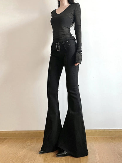 Women's High Waist Flared Pants - Long Slim Fit Trousers