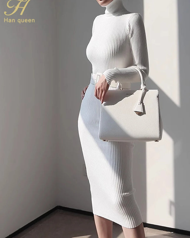 Han Queen Women's Knitted Turtleneck Bodycon Dress with Belt