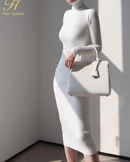 Han Queen Women's Knitted Turtleneck Bodycon Sweater Dress
