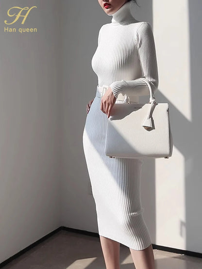 Han Queen Women's Knitted Turtleneck Bodycon Dress with Belt