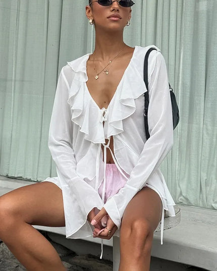 Women's V-Neck Lace-Up Ruffle Long Sleeve Blouse Loose Fit