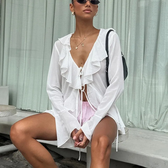 Women's V-Neck Lace-Up Ruffle Long Sleeve Blouse Loose Fit