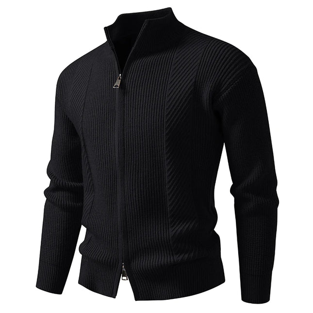 Men's Slim Knit Sweater Jacket with Stand Collar and Zipper