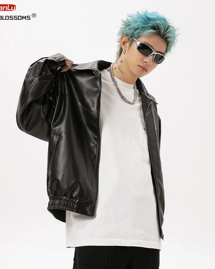 Unisex Black PU Leather Jacket with Metallic Print