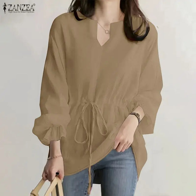 Zanzea Women's Long Sleeve Blouse with U-Neck, Drawstring Waist