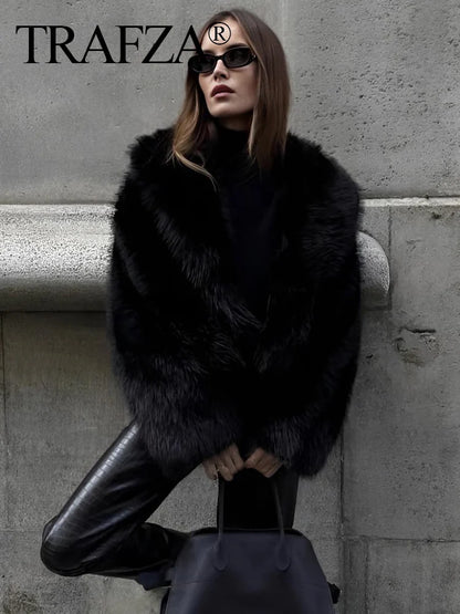 TRAFZA Women's Vintage Style Cropped Faux Fur Jacket - Elegant Loose Long Sleeve Coat - Thick and Warm Outerwear