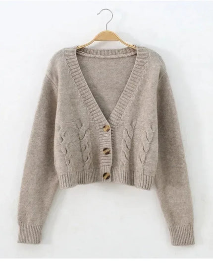 V-Neck Cropped Long Sleeve Knit Cardigan for Women