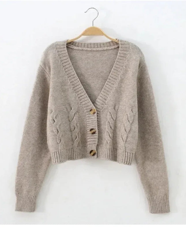 V-Neck Cropped Long Sleeve Knit Cardigan for Women