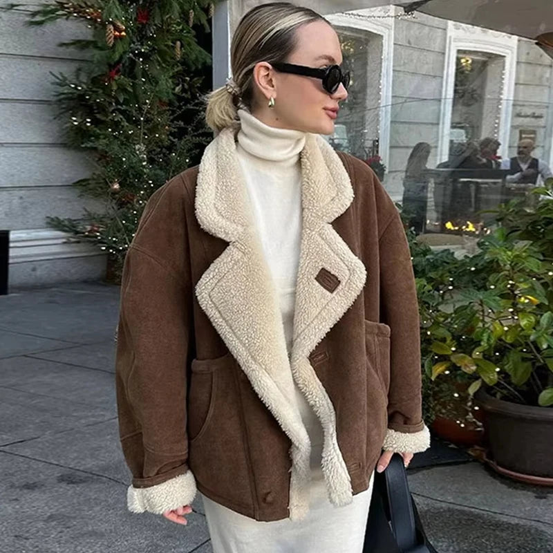 Women's Vintage Wool Lapel Jacket with Thicken Fabric and Pockets