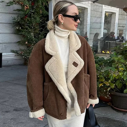 Women's Vintage Wool Lapel Jacket with Thicken Fabric and Pockets