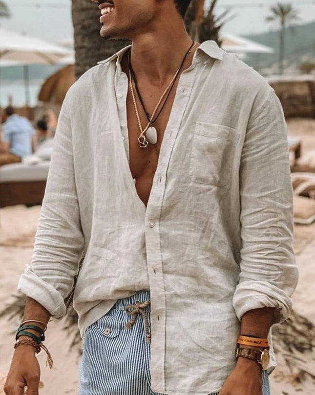 Men's Casual Long-Sleeve Shirt with Lapel