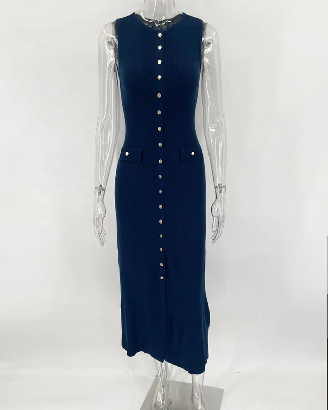 Women's Knit Ribbed Maxi Dress with High Waist, Slim Fit, and Pockets