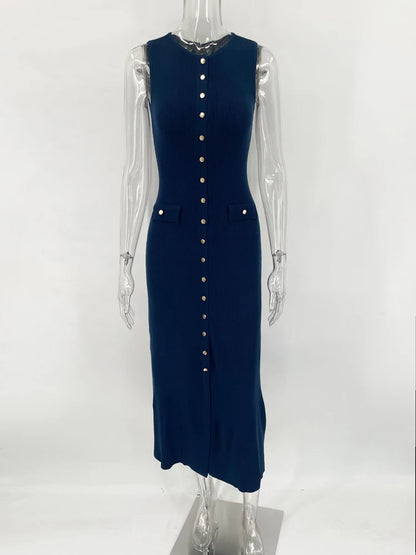 Women's Knit Ribbed Maxi Dress with High Waist, Slim Fit, and Pockets