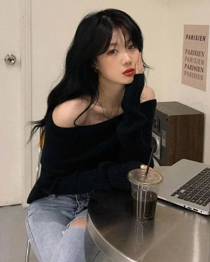 Women's Slash Neck Knitted Sweater - Off-Shoulder Long Sleeve, Thick & Slim Fit Pullover