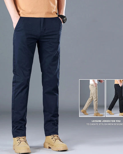 Men's Classic Slim Straight Trousers - Pure Cotton Stretch Pants