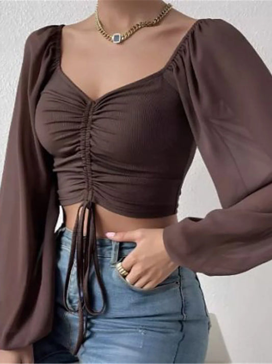 Drawstring Wrap Chest Long Sleeve Blouse for Women - Various Colors