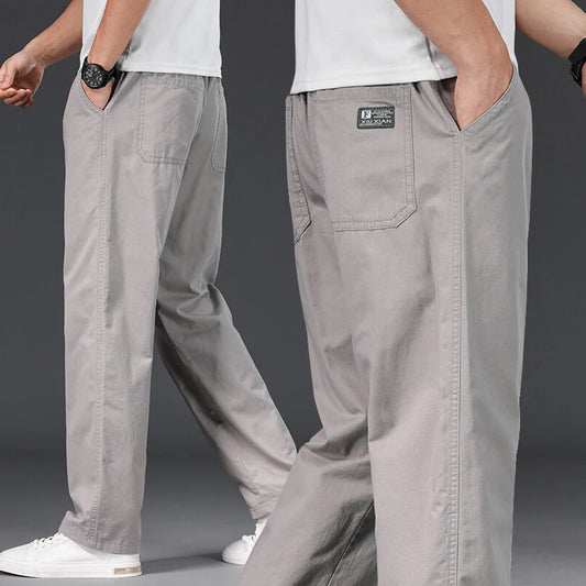 Men's Casual Cotton Pants with Relaxed Fit, Elastic Waist, and Drawstring