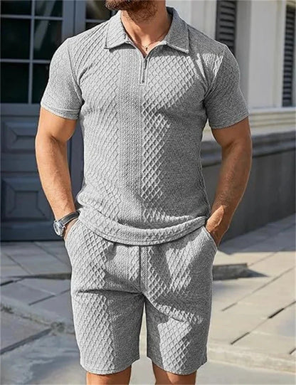 Men's Two-Piece Jacquard Polo Set - Half Zip Polo T-Shirt & Shorts Combo for Men