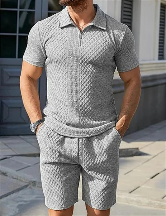 Men's Two-Piece Jacquard Polo Set - Half Zip Polo T-Shirt & Shorts Combo for Men