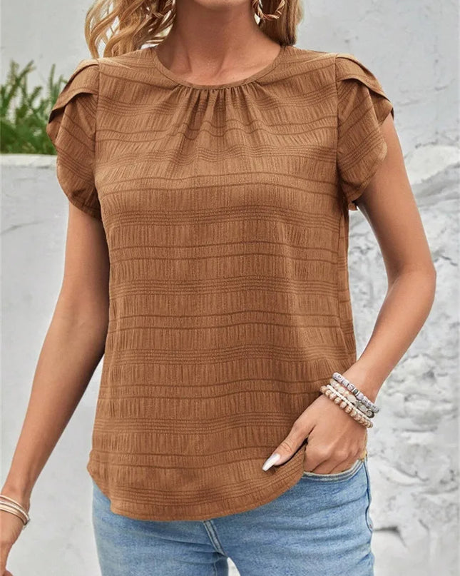 Women's Short Sleeve Loose Fit Round Neck Petal Sleeve Blouse
