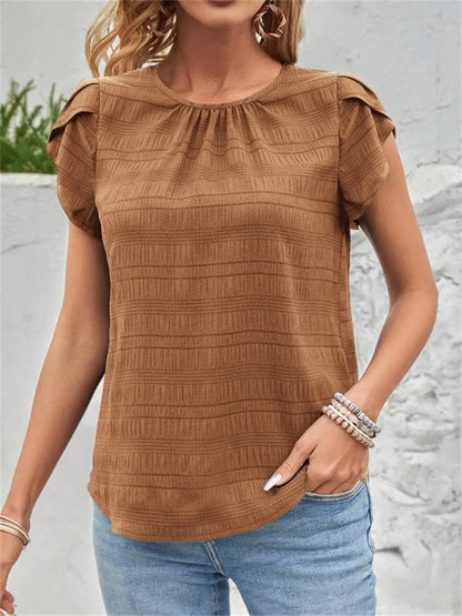 Women's Short Sleeve Loose Fit Round Neck Petal Sleeve Blouse