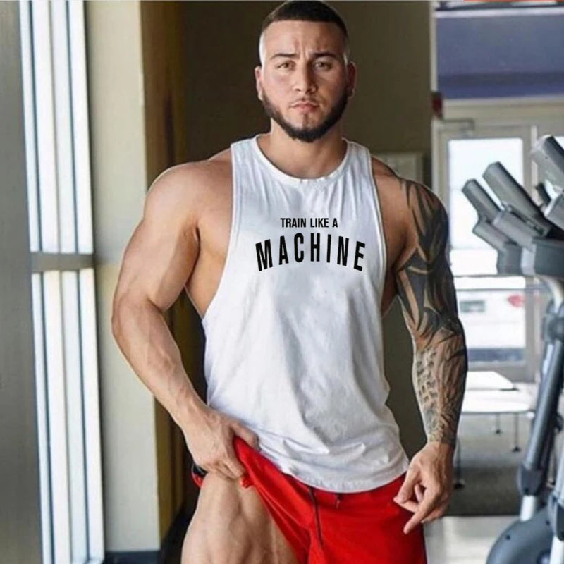 Men's Cotton Tank Top with "Train Like a Machine" Printed Design