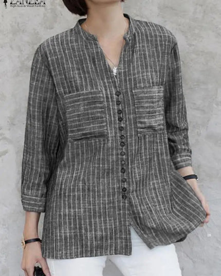ZANZEA Women's Vintage Striped Blouse - 3/4 Sleeve Loose-Fitting Button-Up Shirt