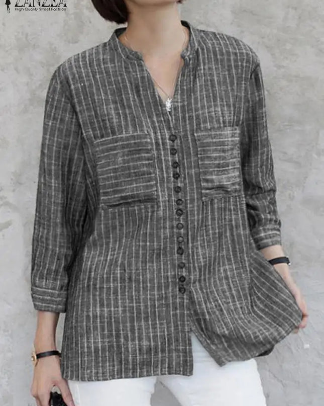 ZANZEA Women's Vintage Striped Blouse - 3/4 Sleeve Loose-Fitting Button-Up Shirt