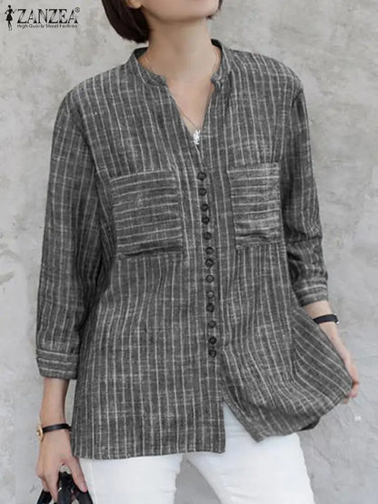 ZANZEA Women's Vintage Striped Blouse - 3/4 Sleeve Loose-Fitting Button-Up Shirt