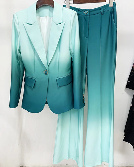 Women's Gradient Color Printed Two-Piece Blazer and Flare Pants Set