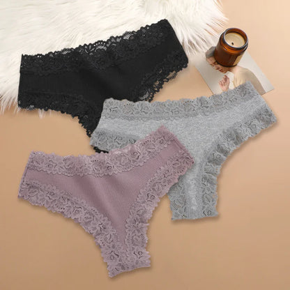 Set of 3 Women's Cotton Lace Panties - Floral Print & Trendy Patchwork Briefs