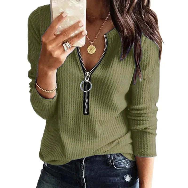  Women's Long Loose Fit Sweater with Zipper Collar