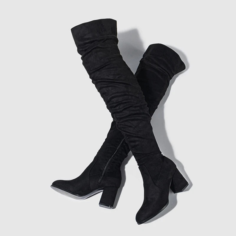 Women's Over-the-Knee Boots - Toe Zip, Thigh-High Shoes with Square Heels