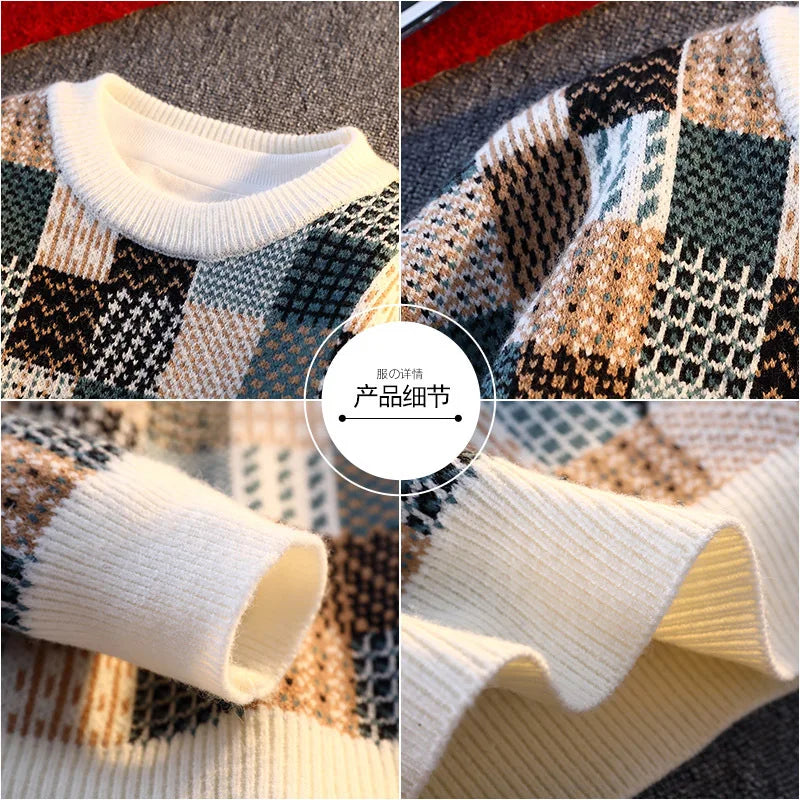 Men's Plaid Pullover Sweater - Casual Loose Fit Knitted Sweater for Men