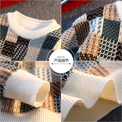 Men's Plaid Pullover Sweater - Casual Loose Fit Knitted Sweater for Men