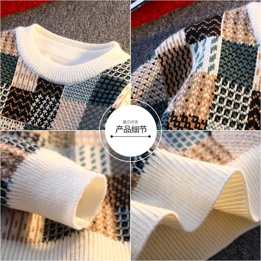 Men's Plaid Pullover Sweater - Casual Loose Fit Knitted Sweater for Men