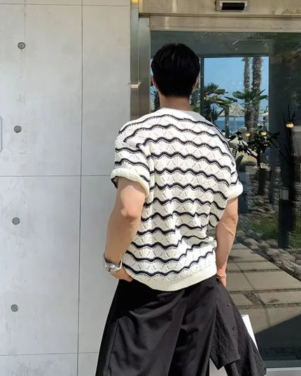 Men's Knit Jacquard Striped Hollow-Out Casual T-Shirt
