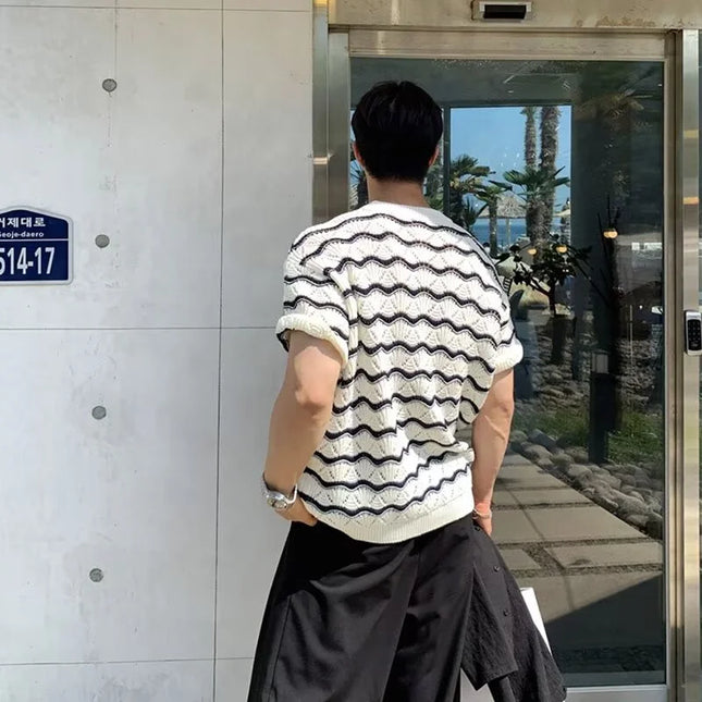 Men's Knit Jacquard Striped Hollow-Out Casual T-Shirt