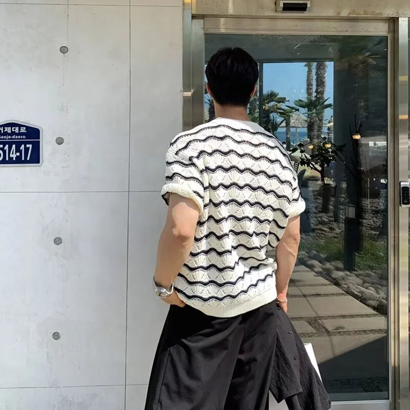 Men's Knit Jacquard Striped Hollow-Out Casual T-Shirt