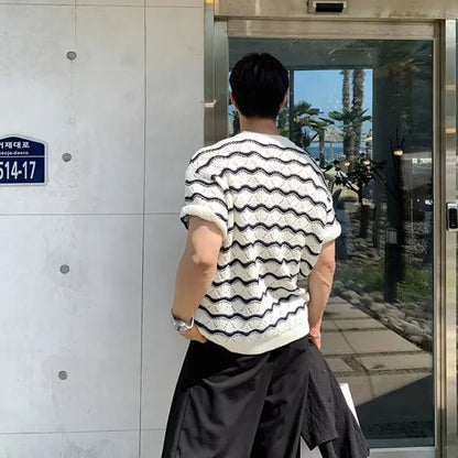 Men's Knit Jacquard Striped Hollow-Out Casual T-Shirt