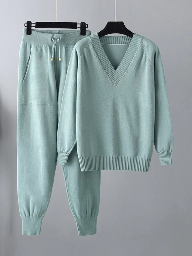 Women's Knitted 2-Piece Set – V-Neck Full Sleeve Sweater & Pencil Pants