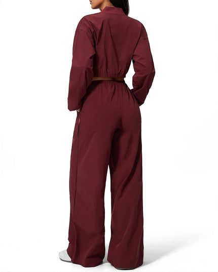 Women’s Two-Piece Set: Zipper Hooded Cropped Jacket and Wide-Leg Pants