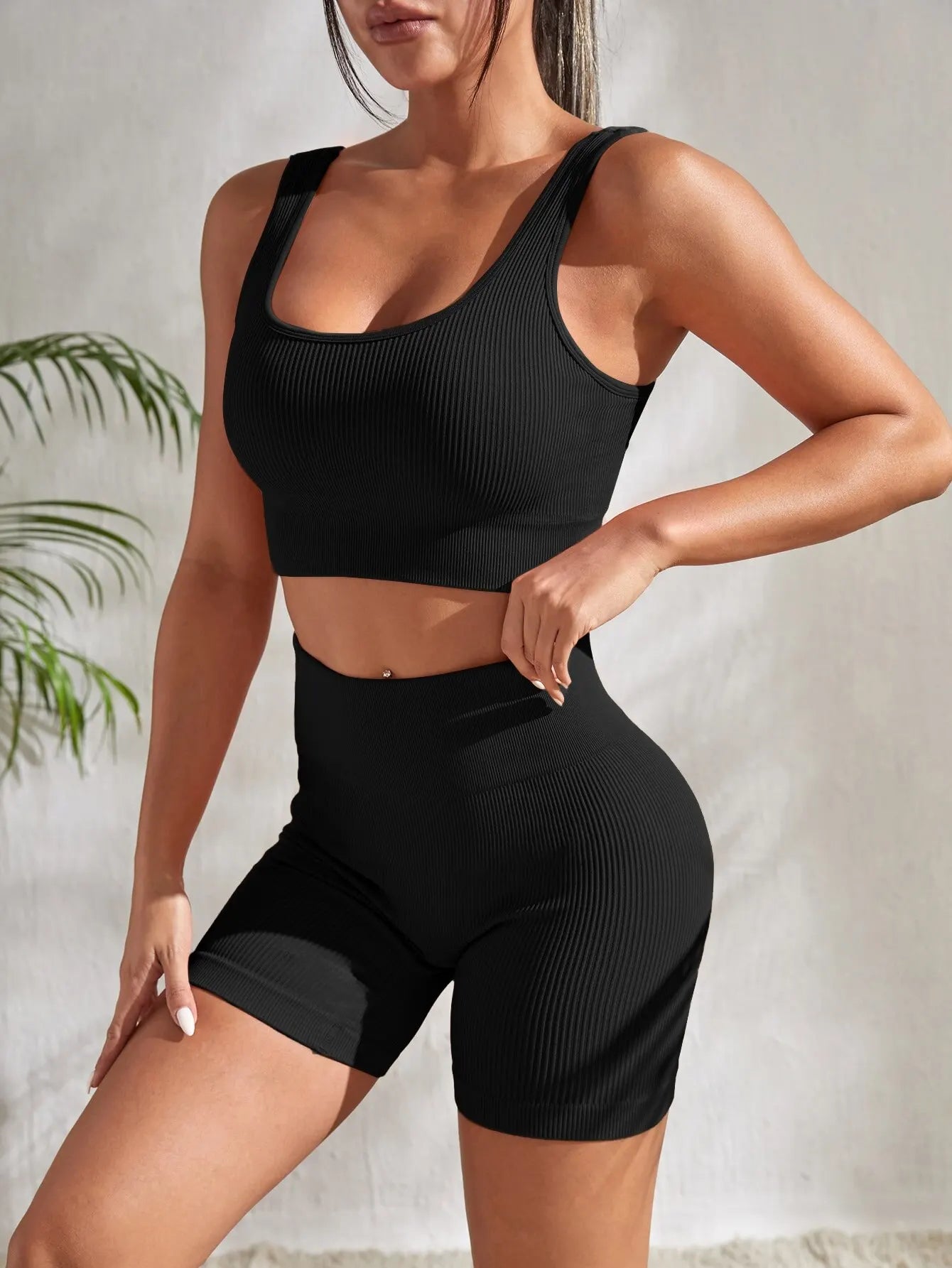 Ribbed Women's 2-Piece Set: Crop Tank Top and High-Waisted Shorts