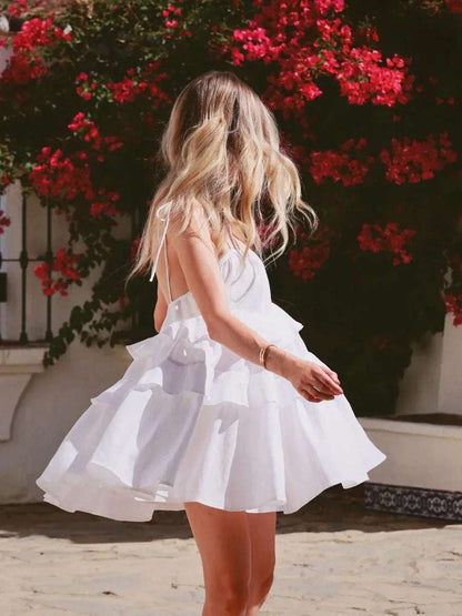 Women's Ruffled Mini Dress – Loose Cotton, Sleeveless, with Straps