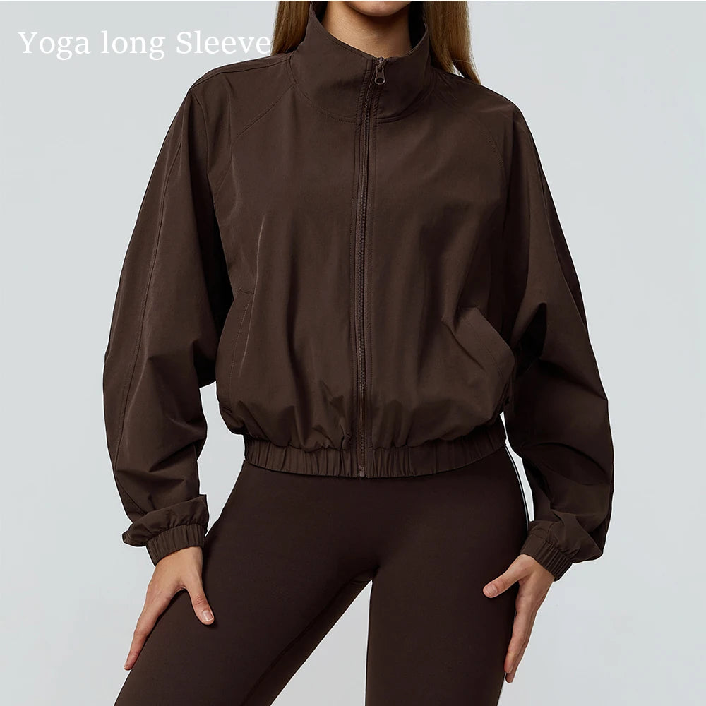 Women’s Long Sleeve Gym Fitness Jacket with Zipper and Pockets