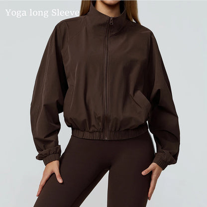 Women’s Long Sleeve Gym Fitness Jacket with Zipper and Pockets