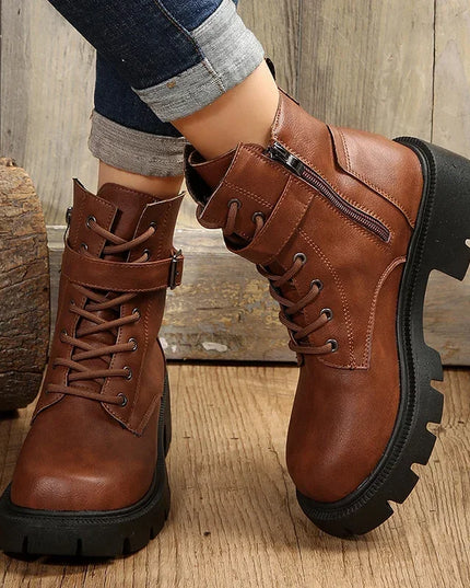 Women’s Chunky Heel Belt Buckle Boots with Lace-Up Design