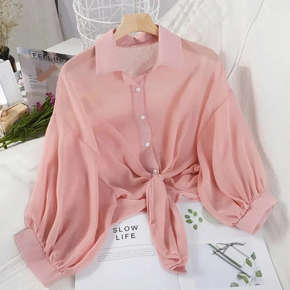 Women's Loose Tied Waist Blouse - Half Sleeve Chiffon Button-Up Shirt