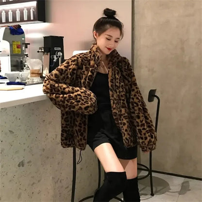 Women's Leopard Print Faux Mink Velvet Jacket - Imitation Mink Fur Coat for Women